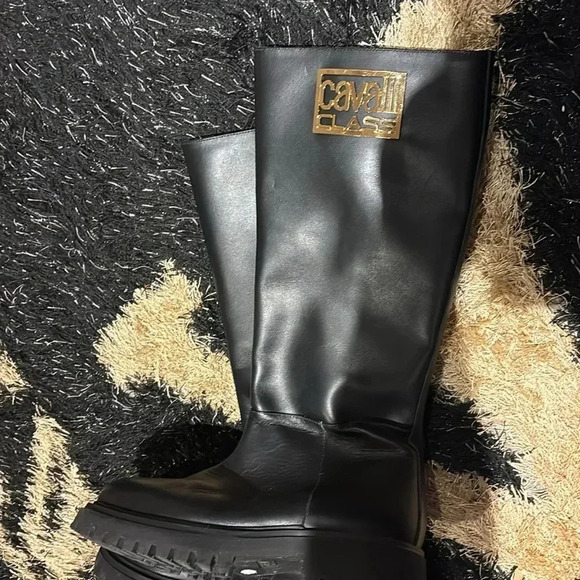 Cavalli Class Black  Knee high Calf skin Leather Combat Boots Sz 8 - Picture 15 of 17